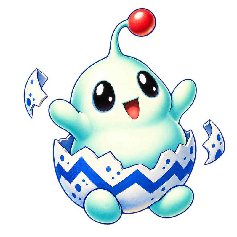 Box art: a little mint-green creature with a red-tipped antenna, cheering as it hatches from a blue-zigzag egg